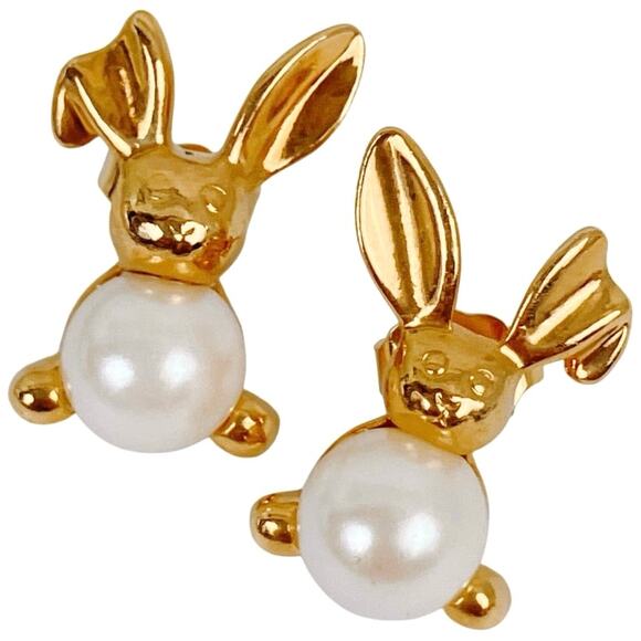 Vintage Signed Avon Bunny Earrings Gold Tone Faux Pearl Studs Whimsical Figural - Picture 1 of 10